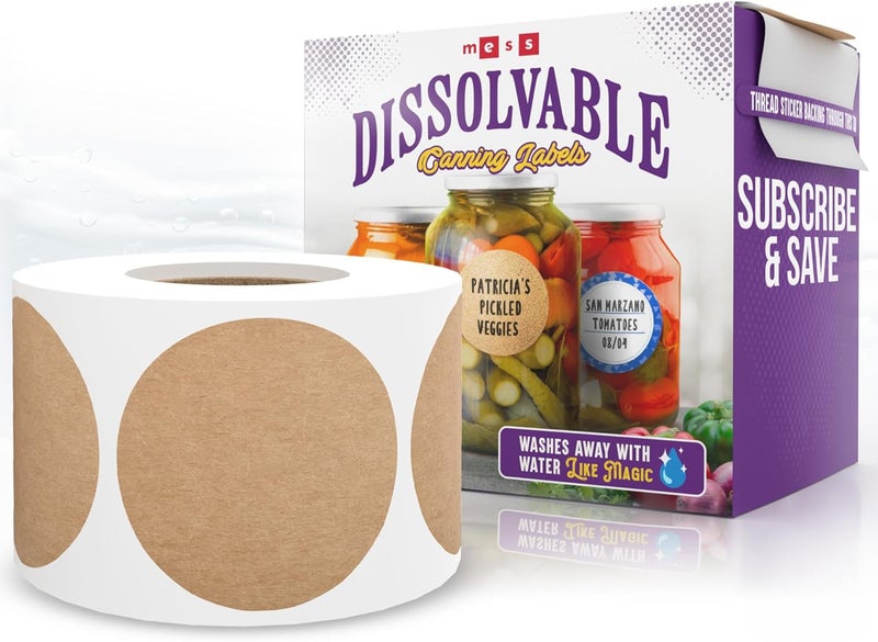 MESS Dissolvable Canning Labels, 1.5" Round, 200-Pack – Removable Kraft Mason Jar Stickers for Homemade Jam, Food Storage & Containers - Image 1